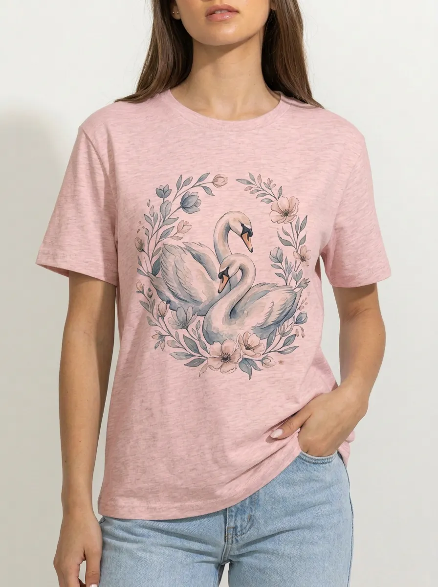 Women's Nature Floral Swan Couple Graphic T-Shirt