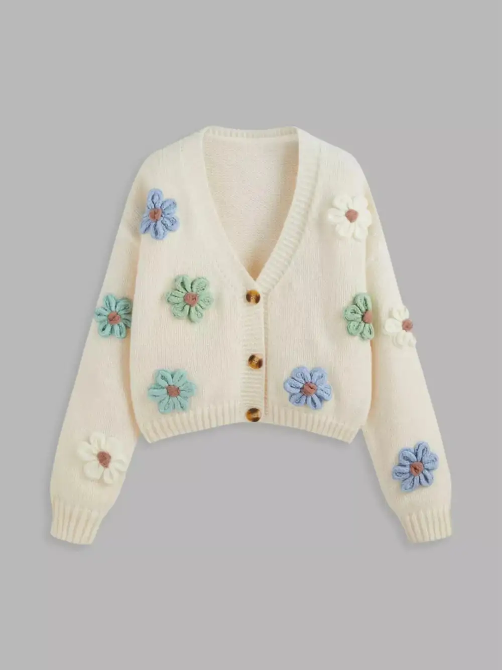 Floral Applique V-Neck Knit Cardigan