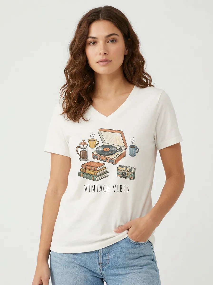 Women's Retro Record Player Books Camera Graphic V-Neck T-Shirt