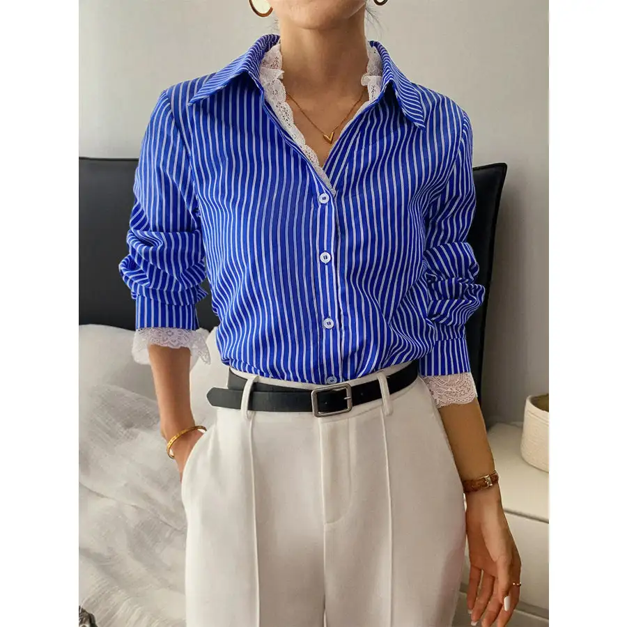 Striped Button Down Shirt with Lace Detail