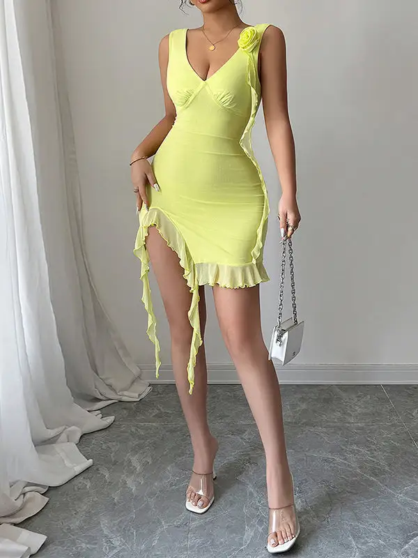 Pleated Solid Color Bodycon High Waisted V Neck Mini Dress