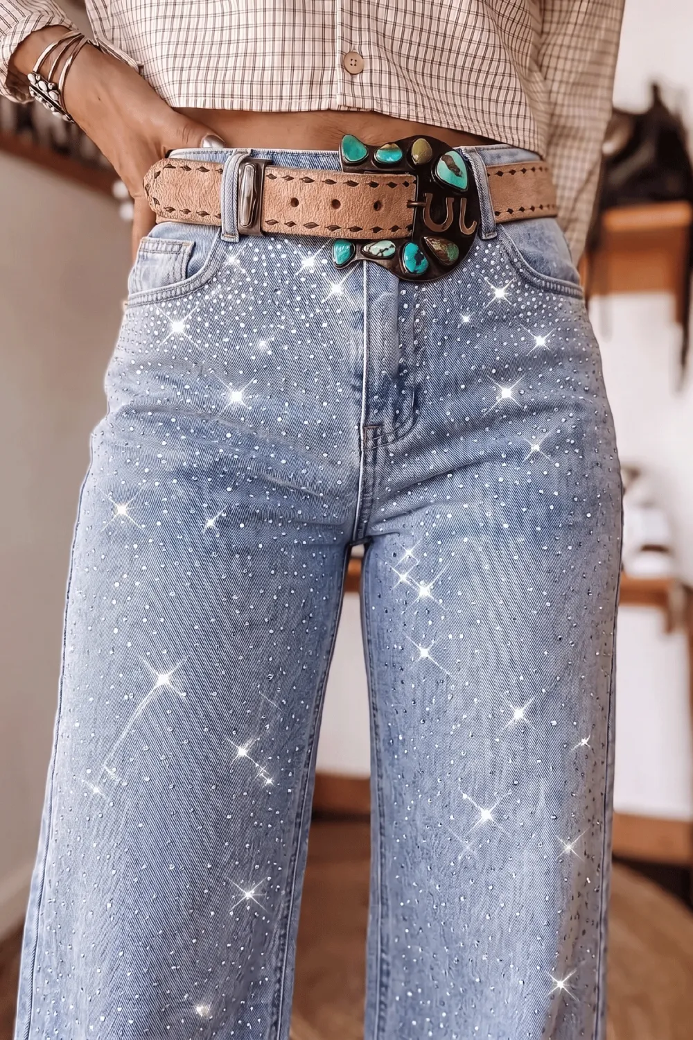 Women's Sparkle Detail Western Casual Shift Jeans