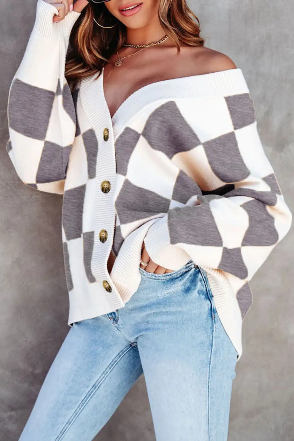 Contrast Checkered Print Button Front Cardigan