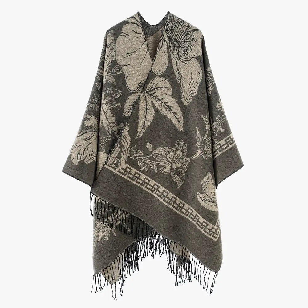 Lightweight Jacquard Floral Poncho Wrap