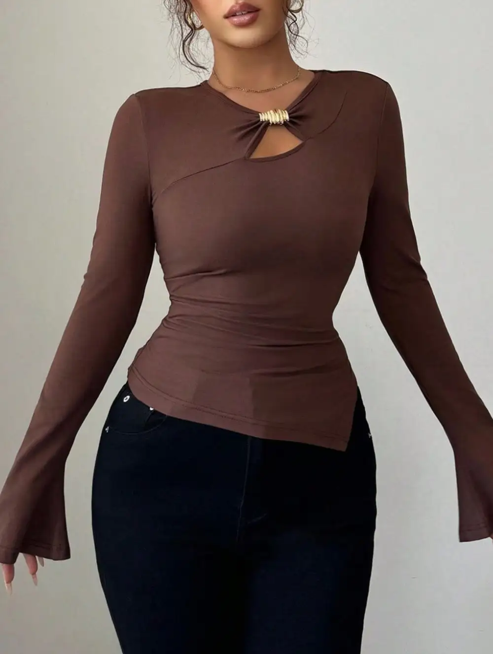Asymmetrical Openwork Metal Detail Top