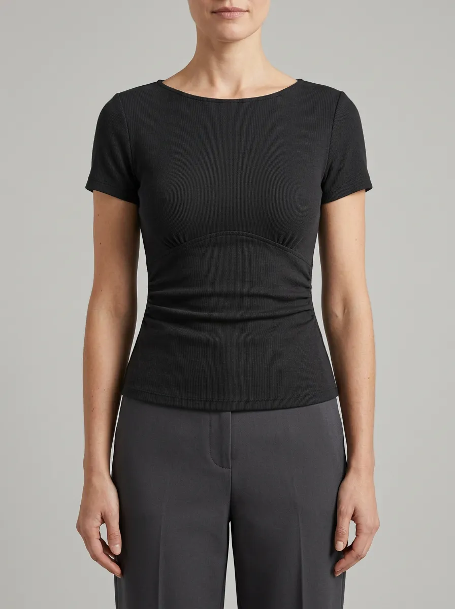 Fitted Waist-Ruched Ruched Ribbed Fitted Top