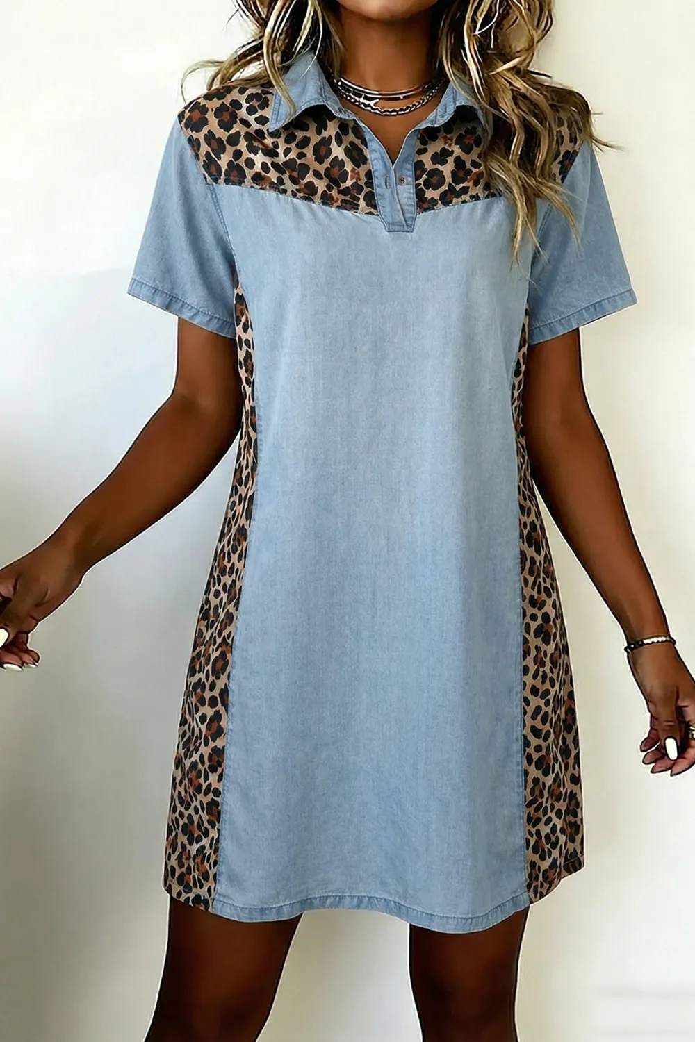 Blue Leopard Patchwork Shirt Dress