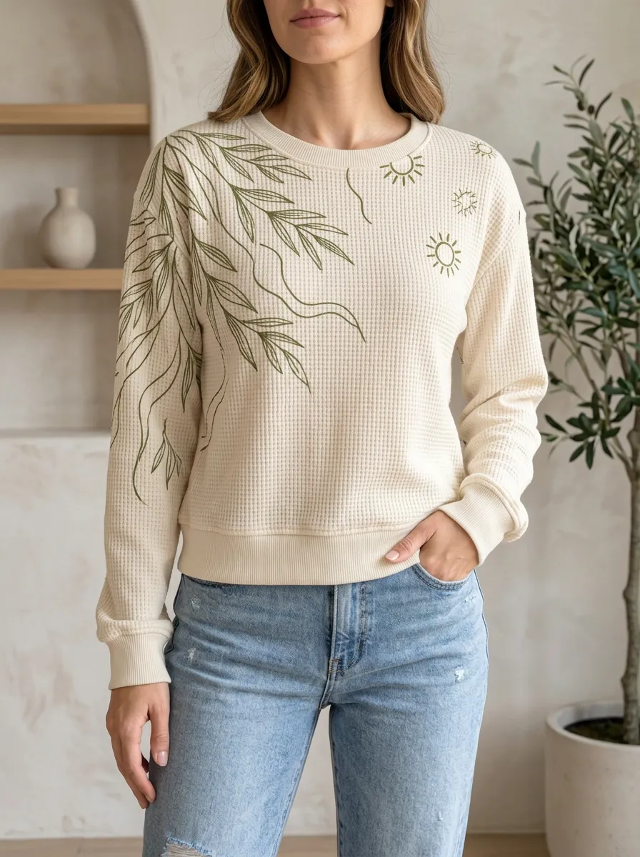 Women's Botanical Sun Nature Lover Patterned Waffle Knit Crewneck Sweatshirt