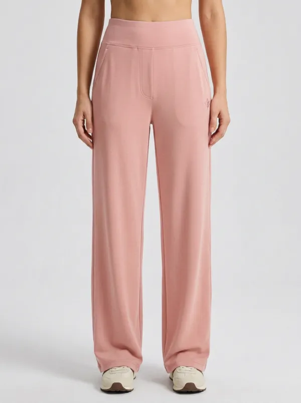 Women's Minimalist Solid Brown Leaf Logo Printed Wide Leg Pants