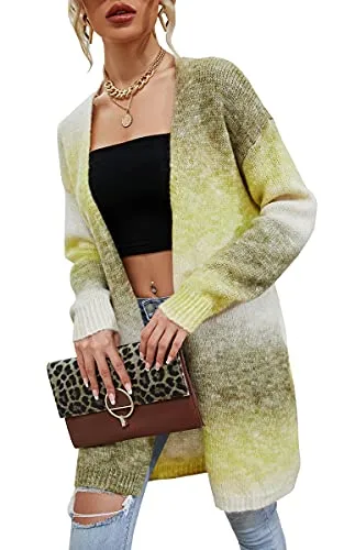 Womens Cardigan Color Block Striped Draped Kimono Cardigans Long Sleeve Open Front Casual Knit Sweaters Coat Outwear