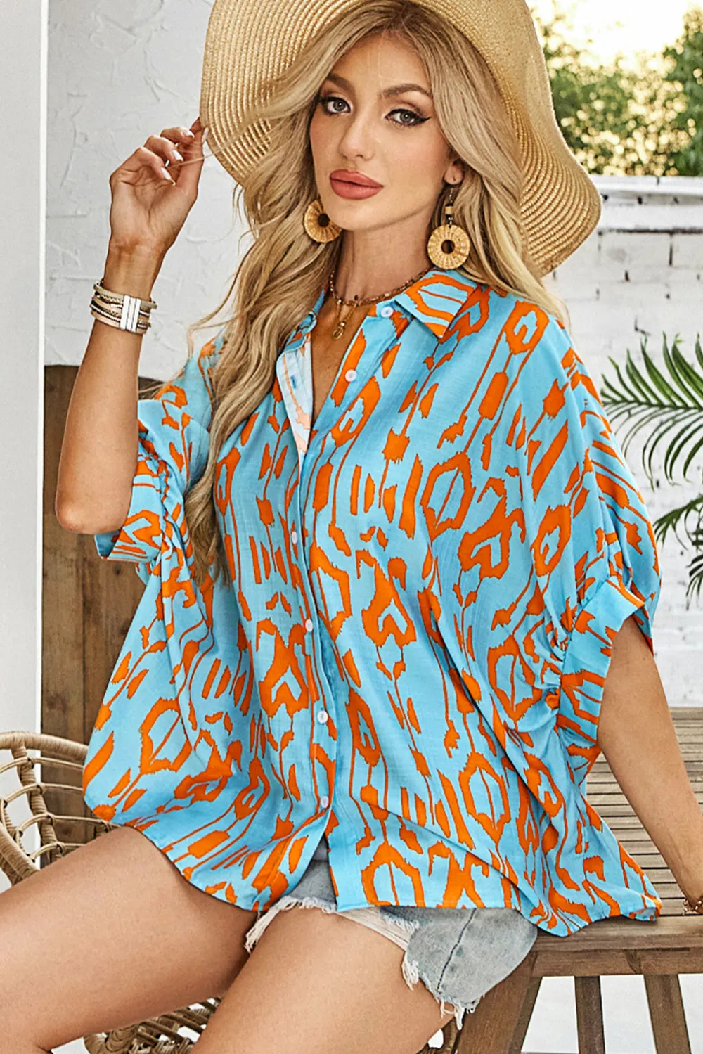 Sky Blue Abstract Print Dolman Shirt