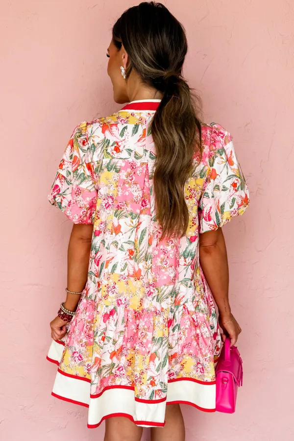 Pink Floral Contrast Trim Dress