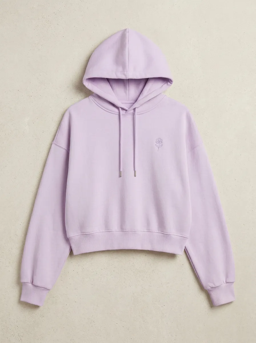 Women's Minimalist Floral Embroidered Cream Cropped Hoodie