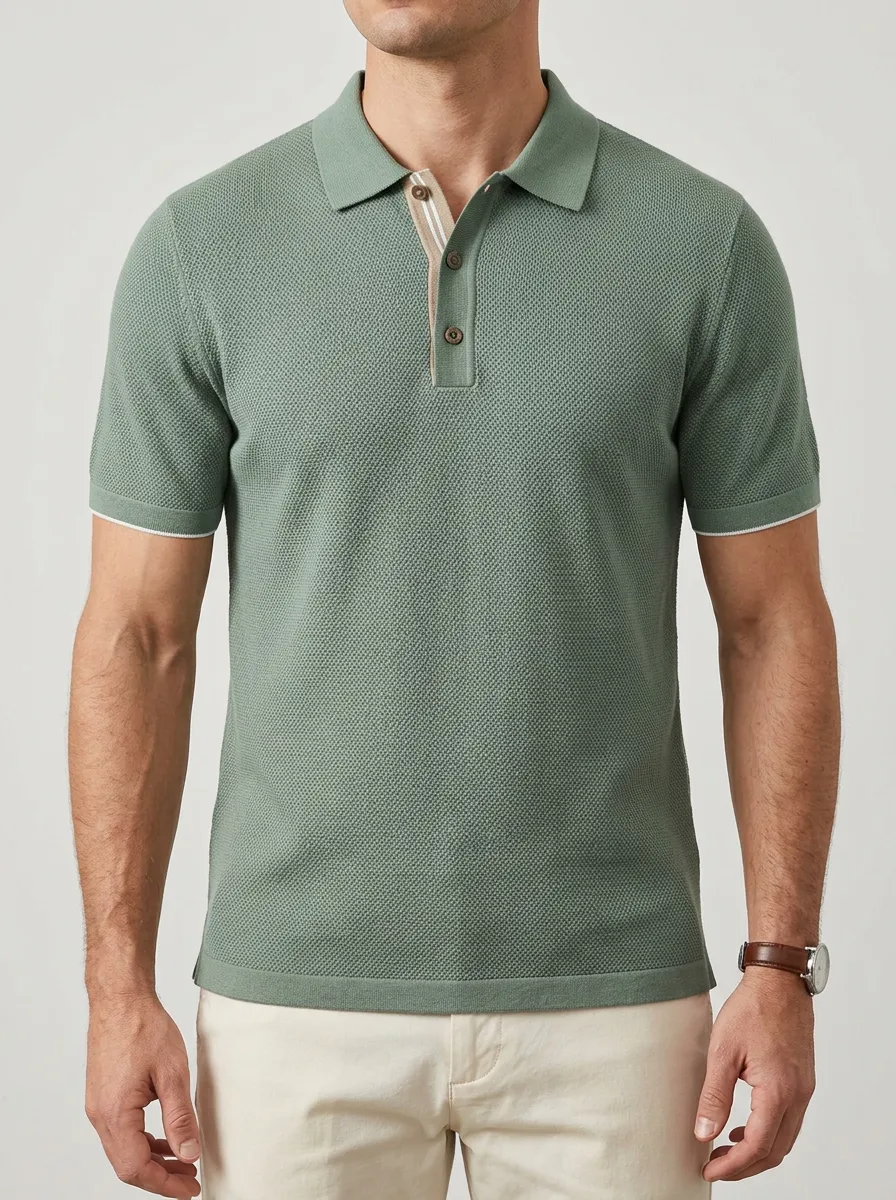 Men's Sage Green Textured Knit Button Placket Polo Shirt