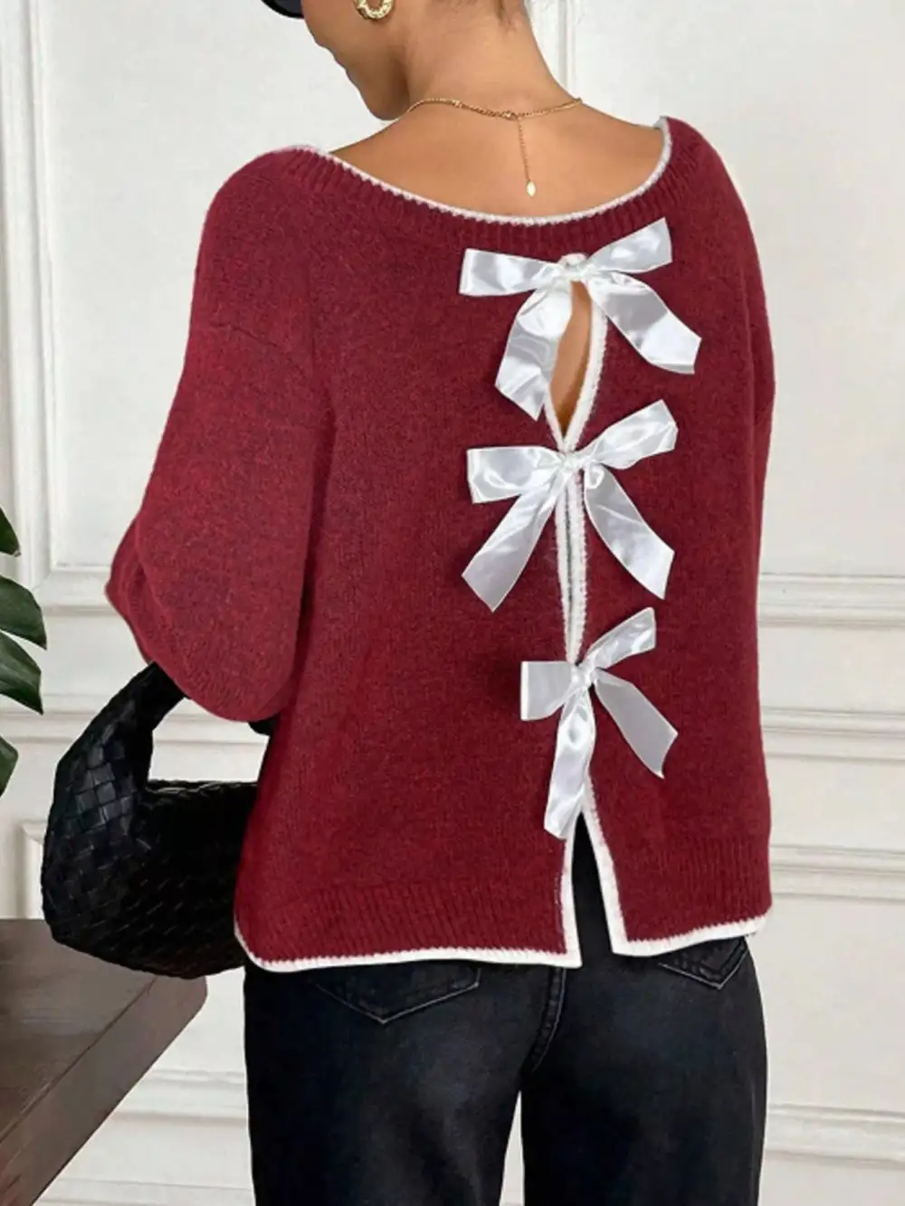 Back Bowknot Decor Round Neck Sweater