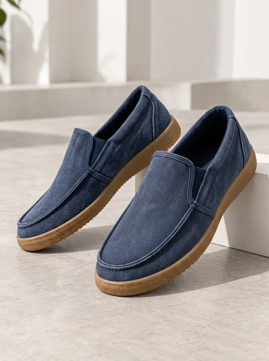 Men's Navy Washed Canvas Moc-Toe Gum-Sole Elastic-Gore Slip-On Boat Shoes