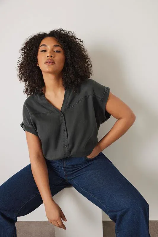 Black Lyocell Short Sleeve Denim Shirt