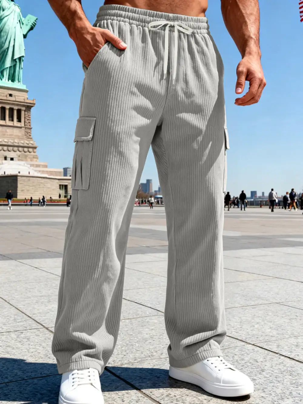 Men's Knitted Cargo Pants Waistband Pockets Cargo Pants