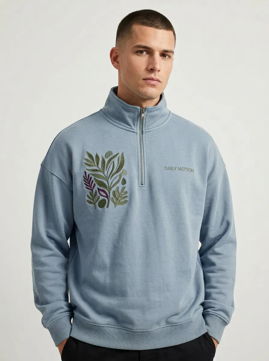 Outdoor-Inspired Half-Zip Botanical Leaf-Pattern Men's Half-Zip Sweatshirt