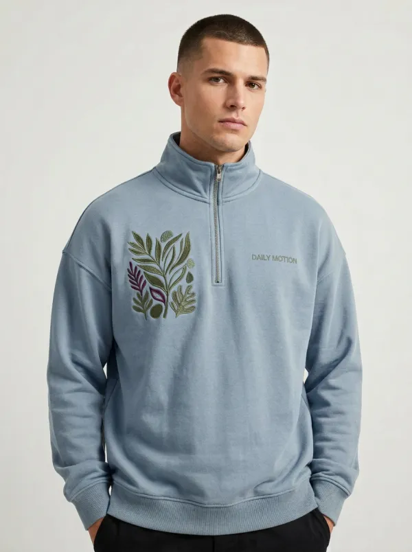 Outdoor-Inspired Half-Zip Botanical Leaf-Pattern Men's Half-Zip Sweatshirt