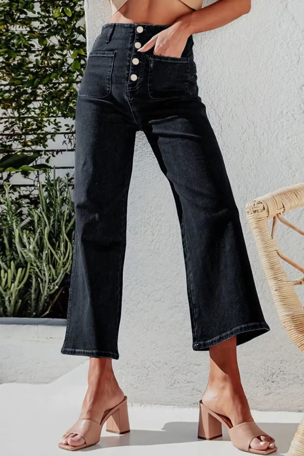 Soft Wide Leg Button Denim Jeans