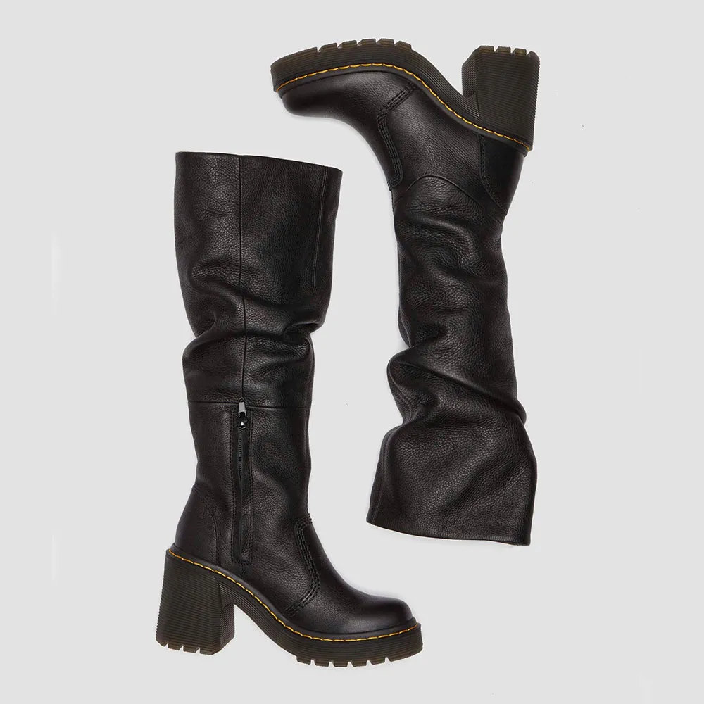 Faux-Leather Zip-Up Slouch Round-Toe Knee-High Boots