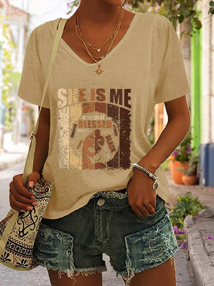 Women's She Is Me Confident Blessed Black V-Neck Short-Sleeved T-Shirt