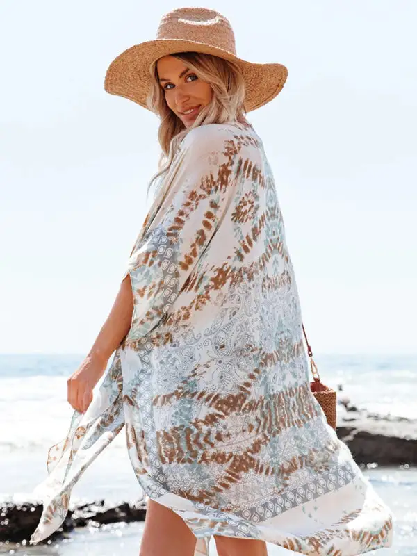 Mid Length Slit Chiffon Printed Sunscreen Swimsuit