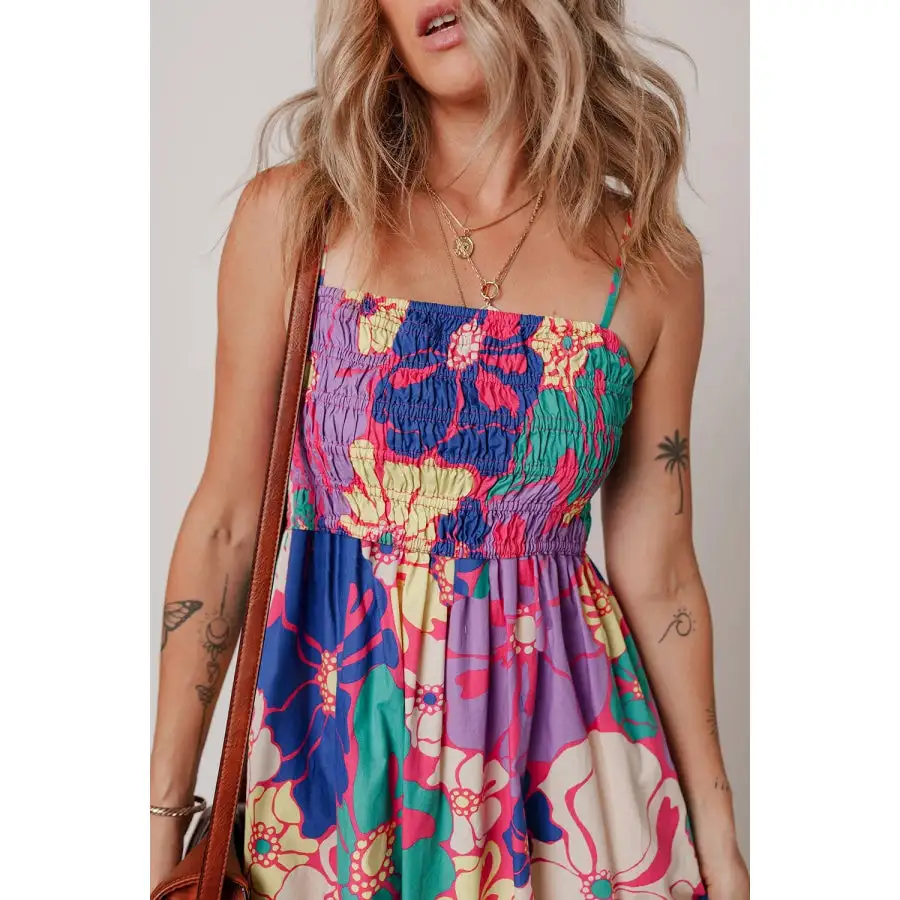 Floral Print Shirred Spaghetti Strap Loose Maxi Dress