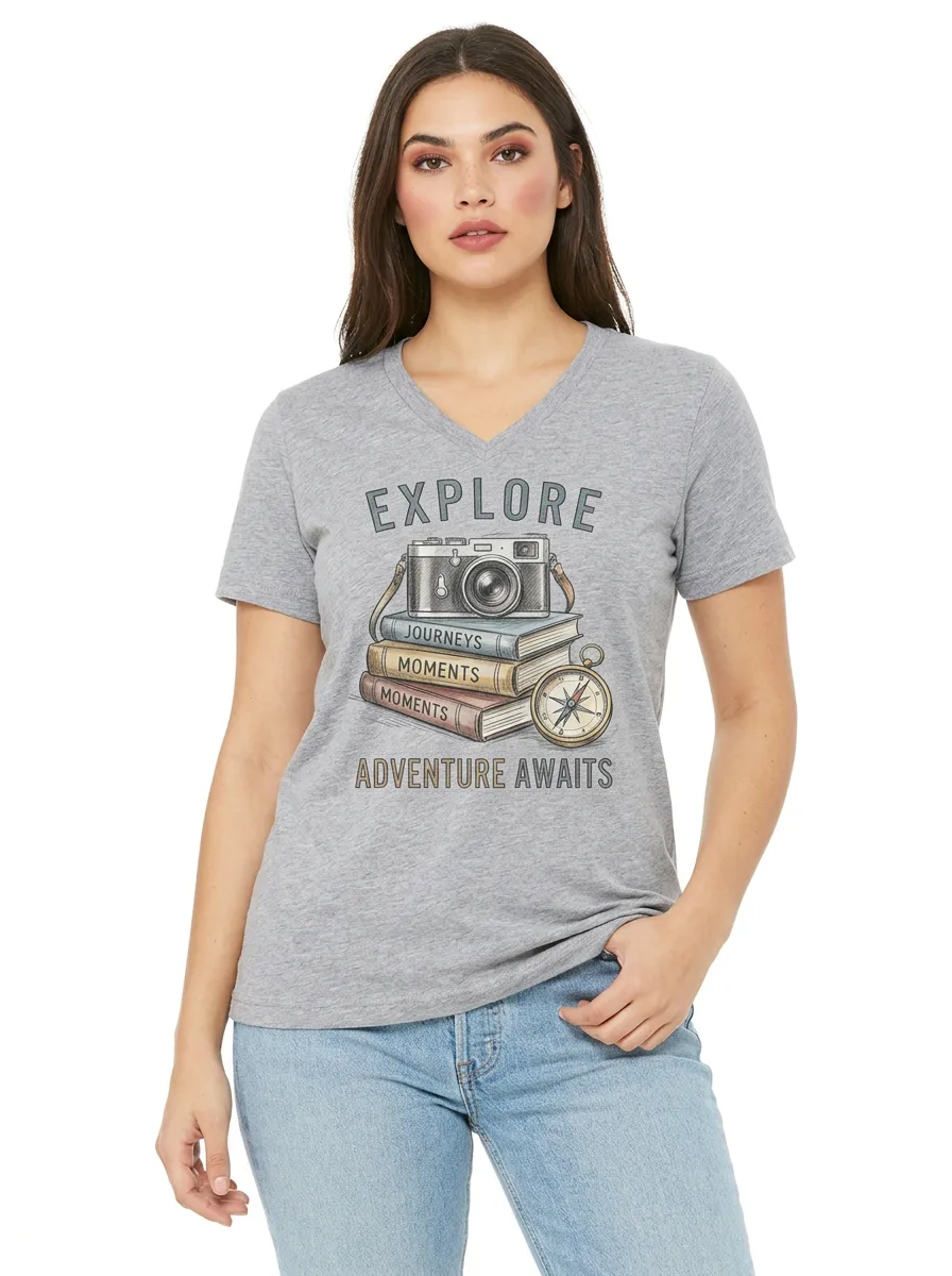 Women's Travel Lover Camera Books Compass Printed V-neck T-shirt