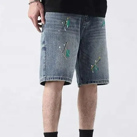 Relaxed Fit Paint Splatter Washed Denim Shorts