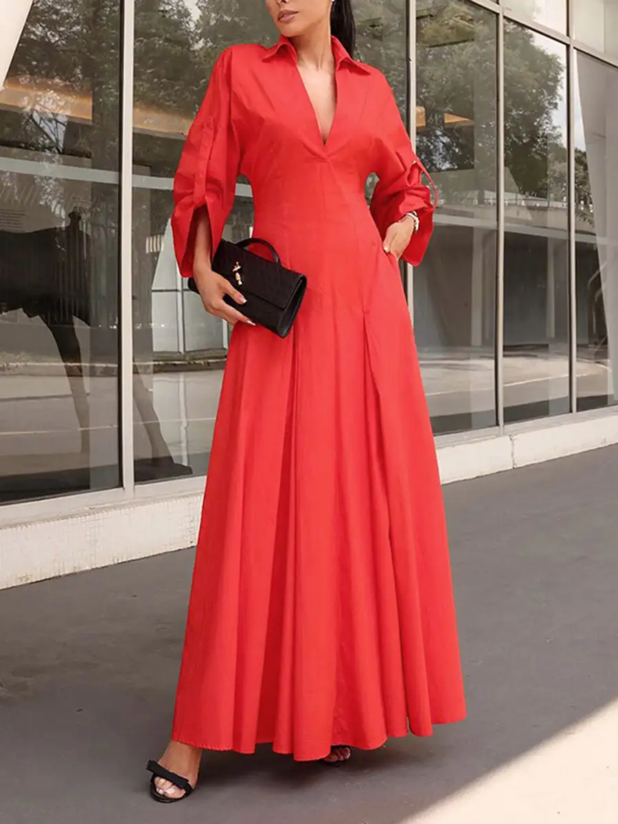 Pleated Neck Shirt Maxi Dress