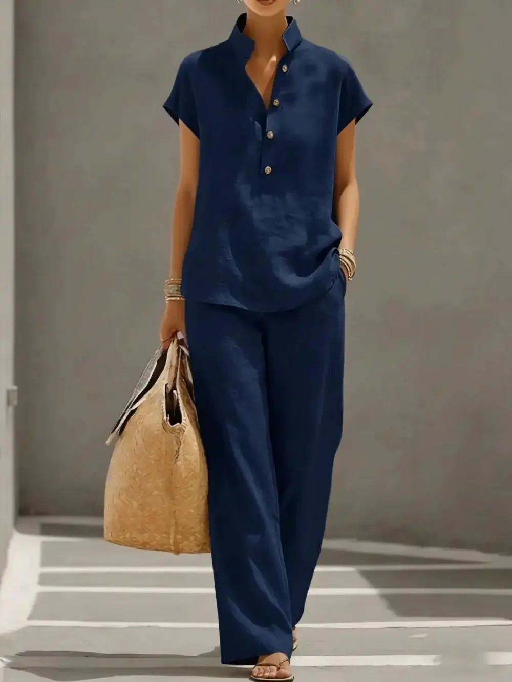 Women's Summer Solid Color Linen Cotton Short Sleeve + Long Pants Set