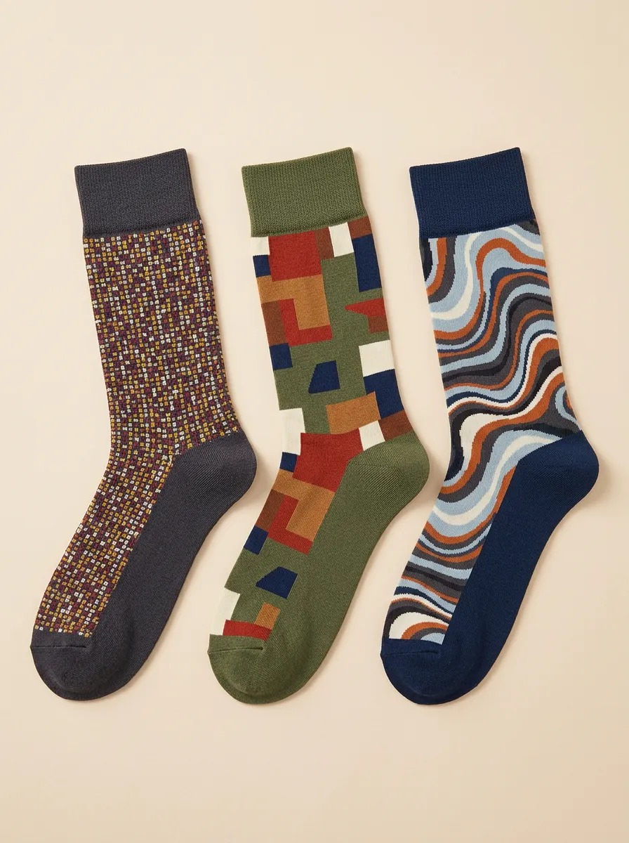 Men's Geometric Abstract Pattern Printed Three-Pack Socks — Versatile Styling