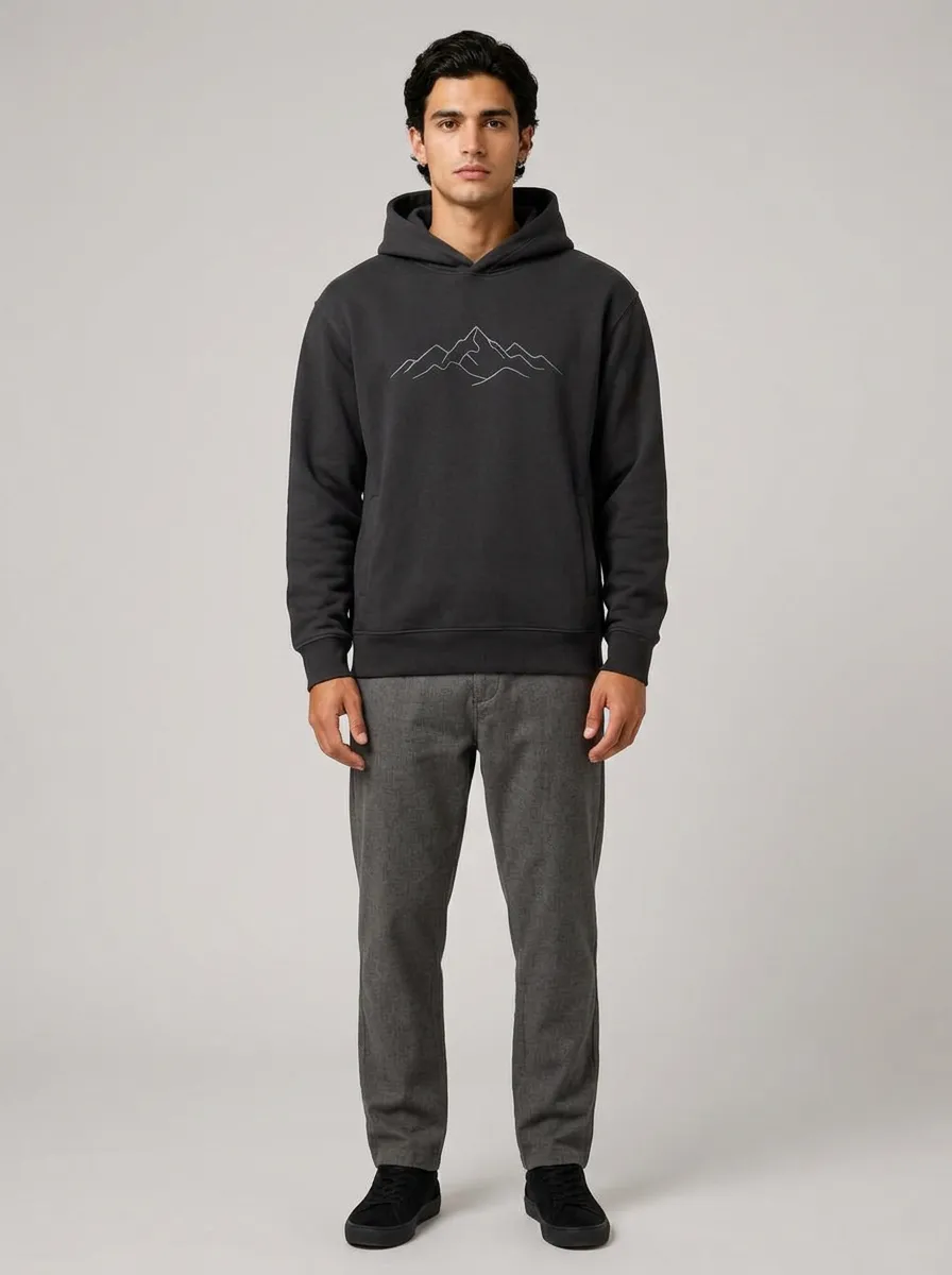 Men's Mountain Line Art Graphic Pullover Kangaroo-Pocket Hoodie