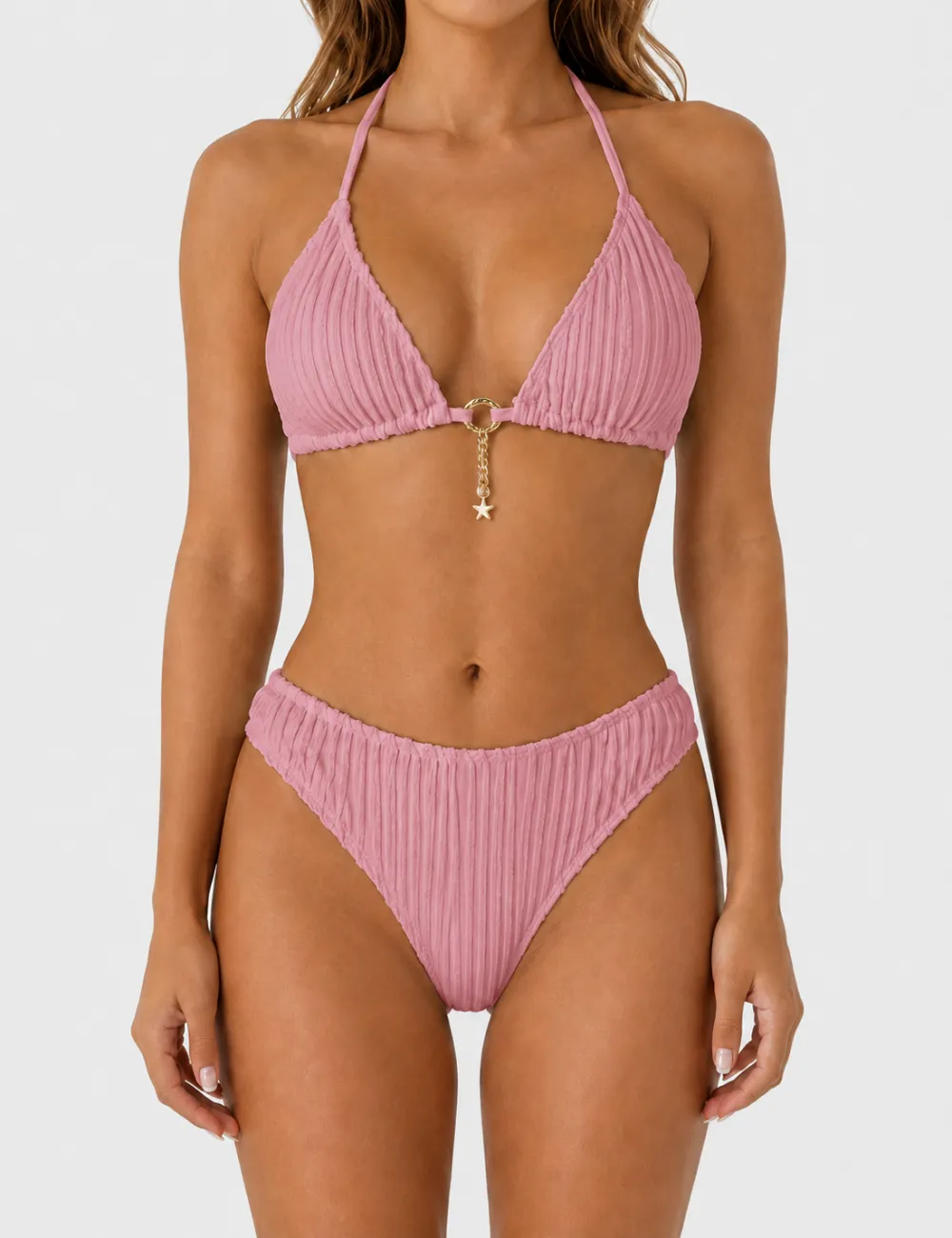 Vertical Texture Halter Neck Triangle Bikini Set