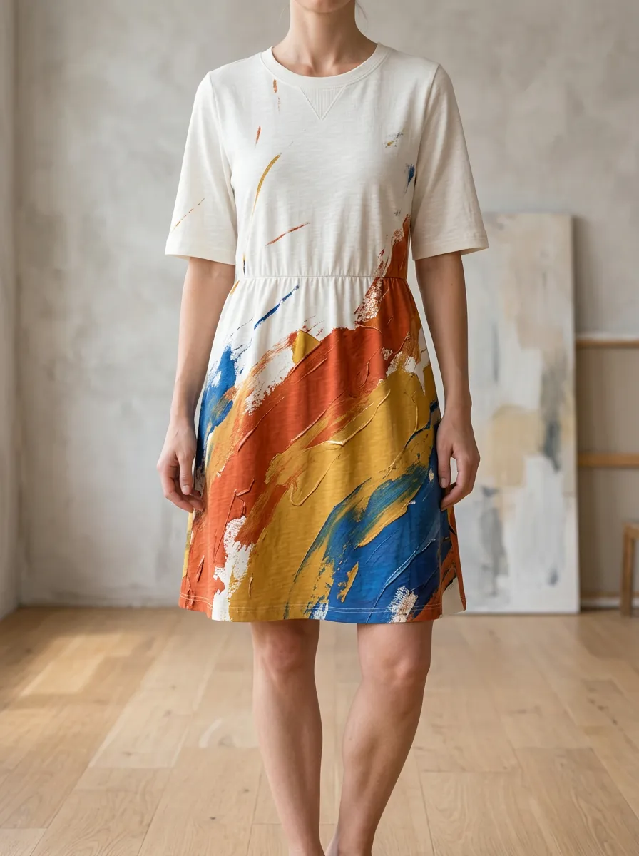 Women's Elastic Waist Abstract Print Crew Neck Dress