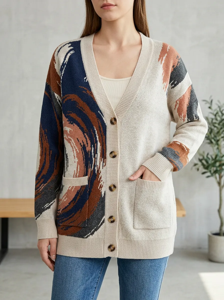 Women's Abstract Swirl Pattern Printed Hip Length Versatile Layering Cardigan
