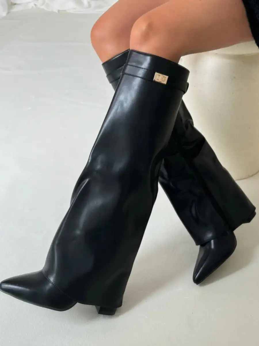 Knee Tall Boots Wide Flare Top Block Heel