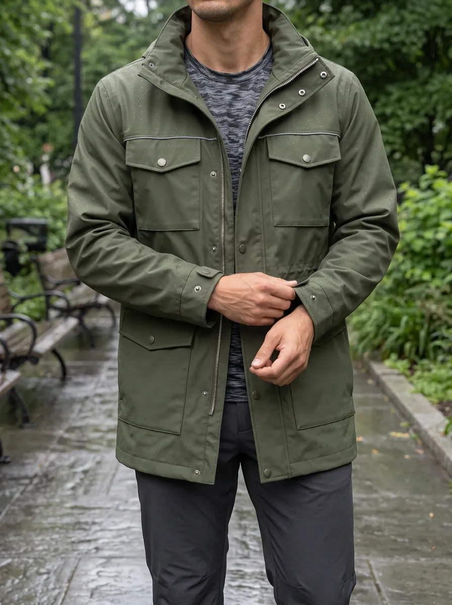 Men's Olive Green Waterproof Jacket with a Hood