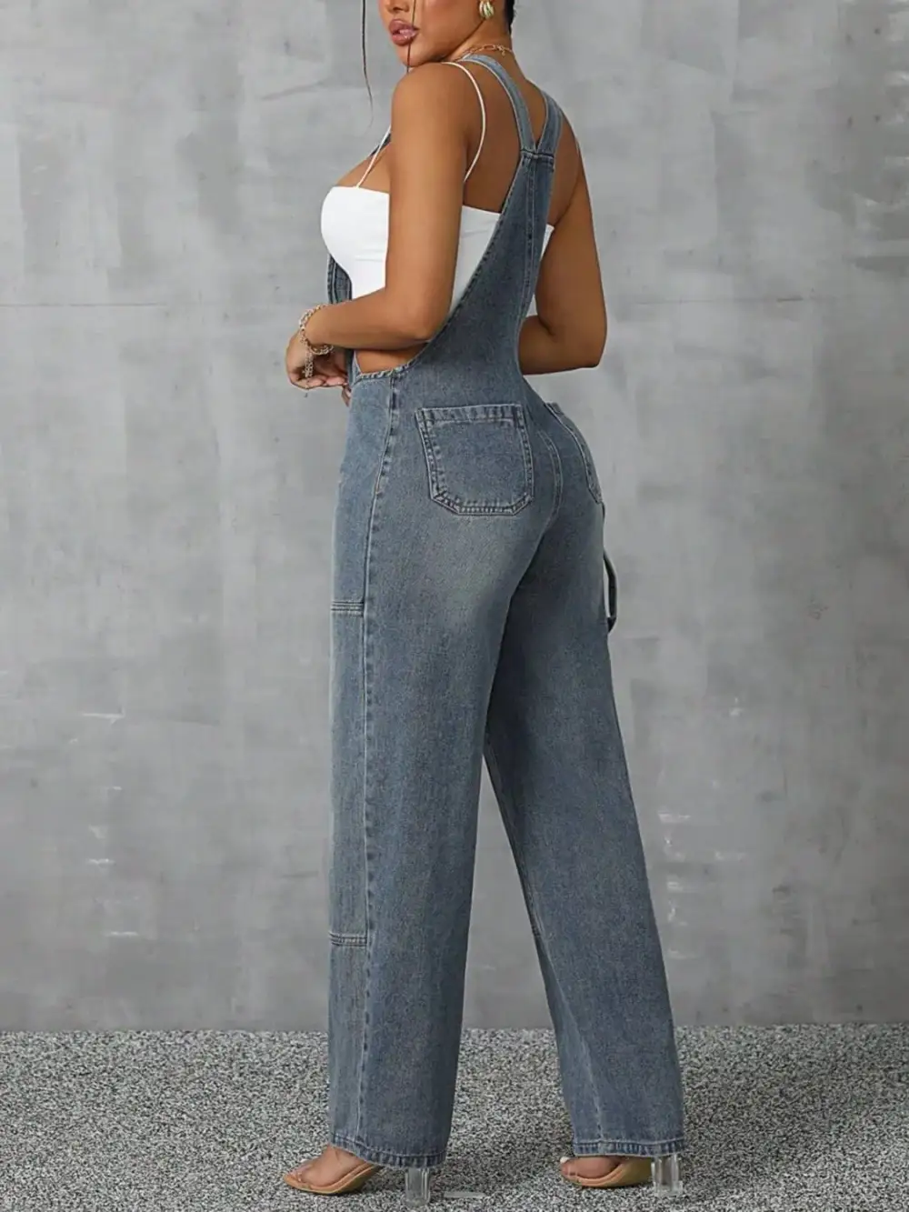 Zip Front Wide Strap Denim Overall Accessory
