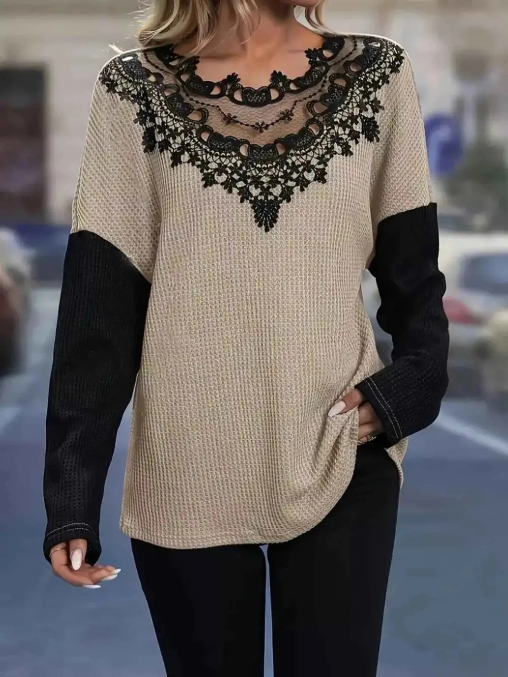 Lace Detail Block Long Sleeve T-Shirt