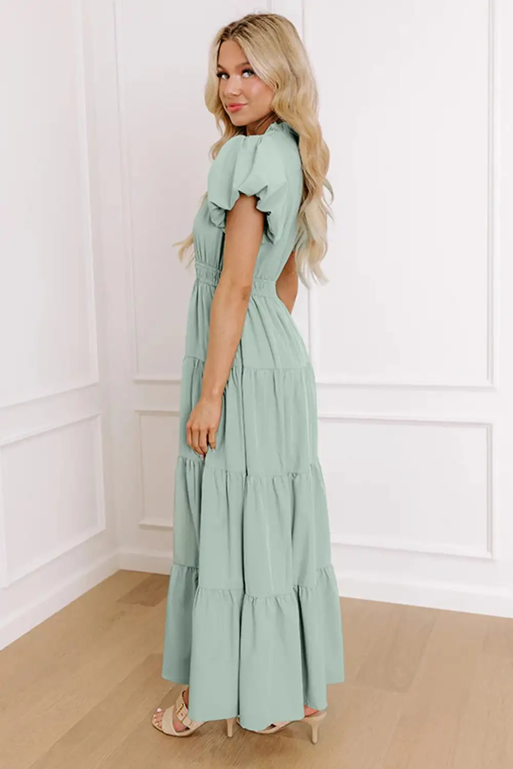 Clean Line V Neck Tiered Puff Sleeve Maxi Dress