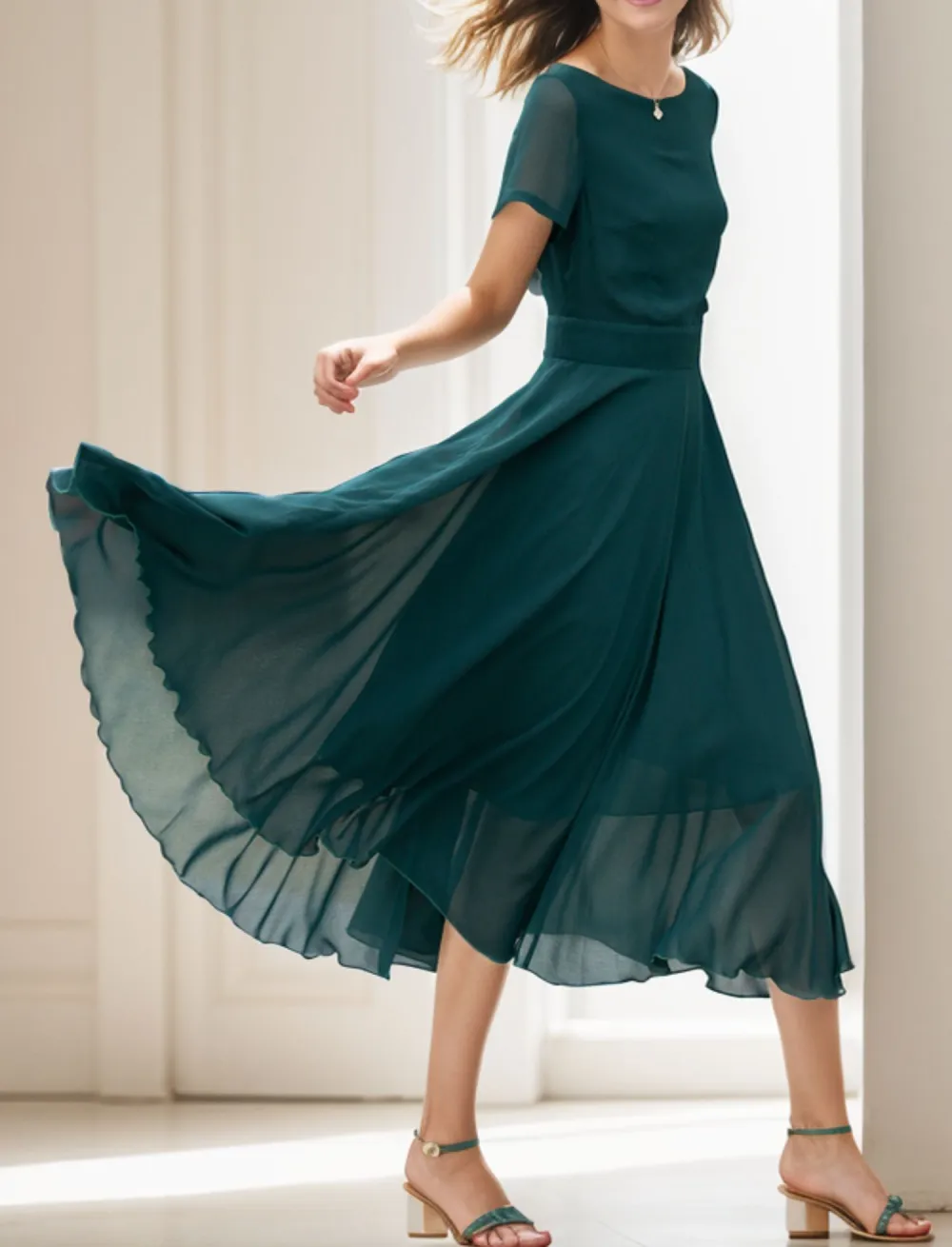 Modern Chiffon Fit And Flare Short Sleeve Midi Dress