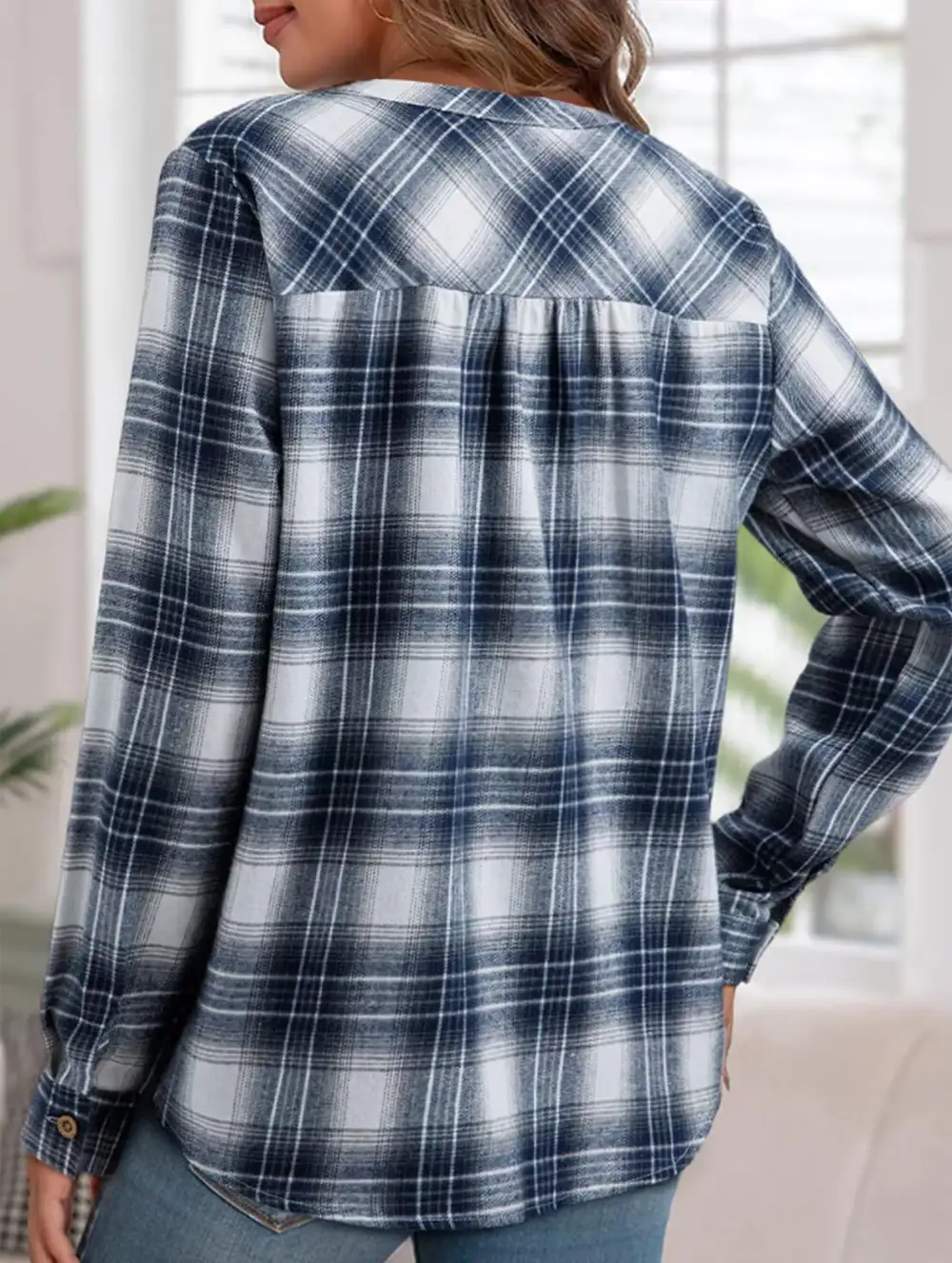 V Neck Plaid Button Shirt