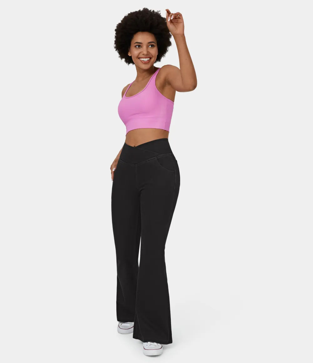 Magic High Waisted Crossover Pocket Washed Stretchy Knit Casual Super Flare Jeans