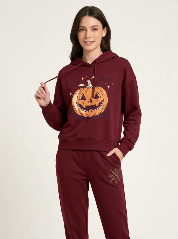 Women's Halloween Pumpkin Bat Spiderweb Printed Tracksuit