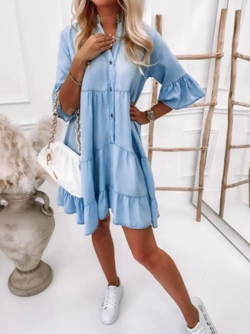 Button Front Ruffle Mini Dress