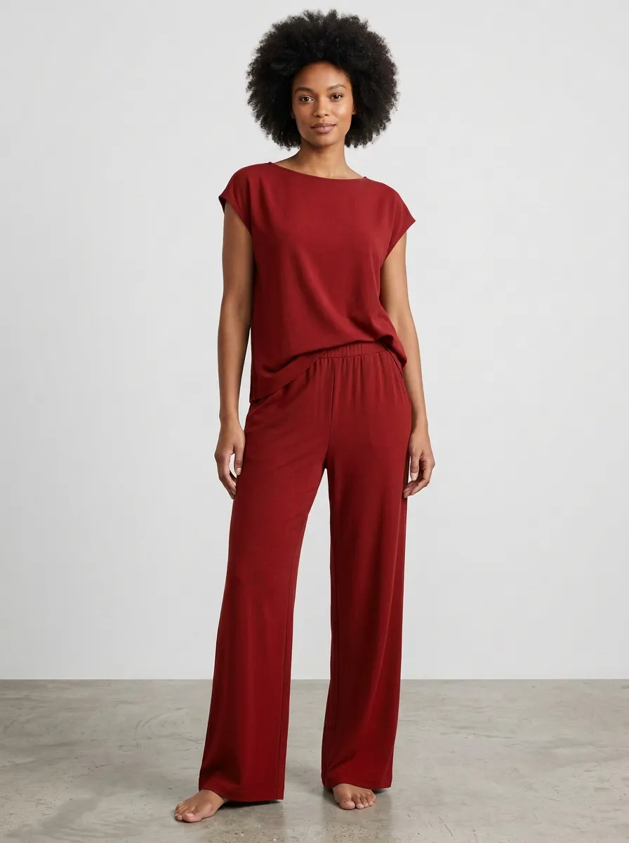 Women's Boat-Neck Top And Pull-On Wide-Leg Trouser Lounge Set