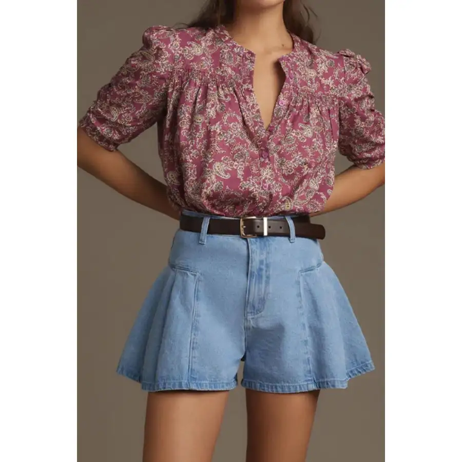 Pleated Patchwork Panel Lightweight Denim Shorts